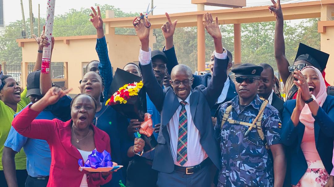 MUBS staff and students gather in celebration to congratulate Prof Moses Muhwezi as substantive Principal of MUB by President Museveni