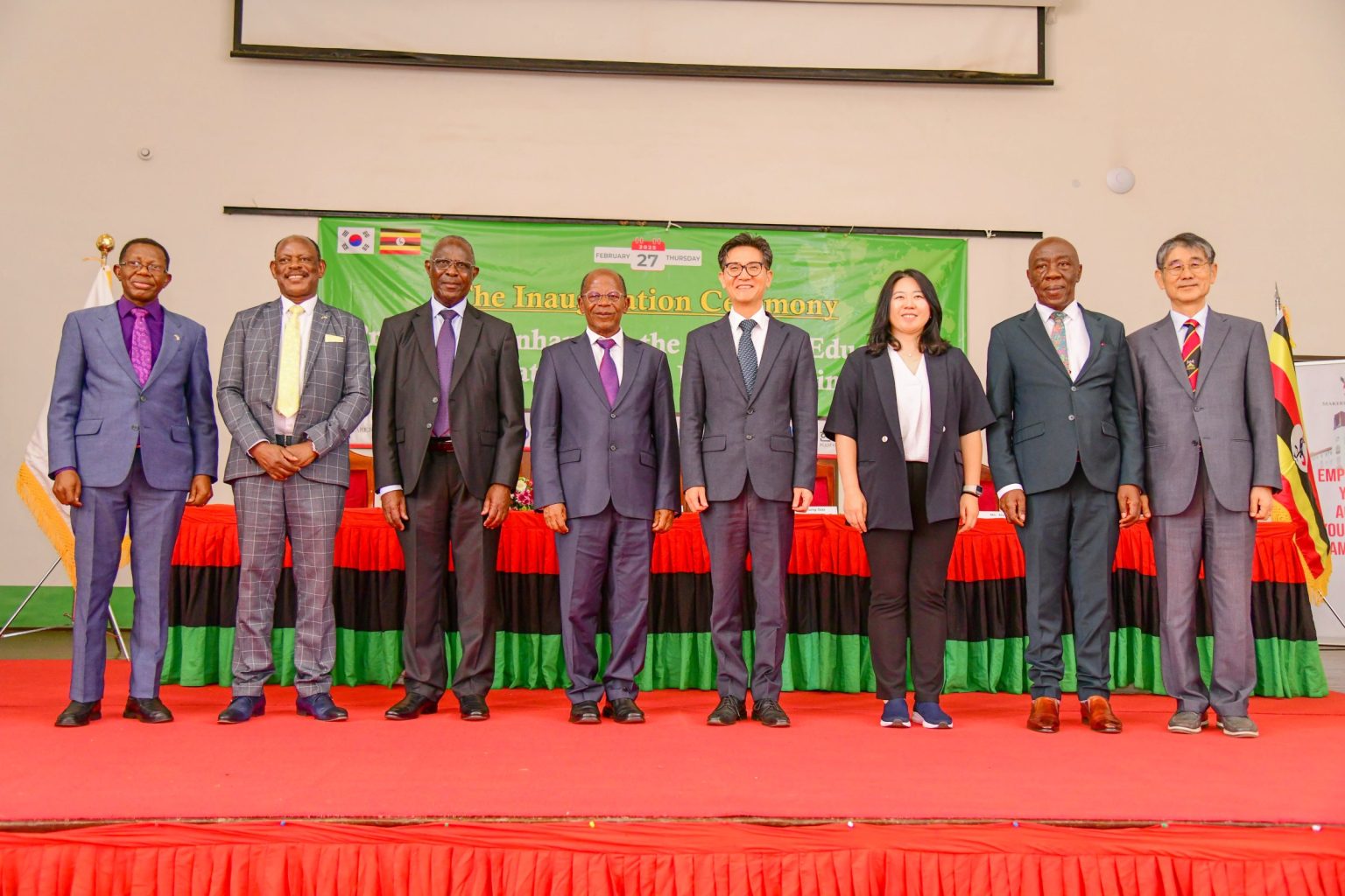 Chief Guest-Hon. Dr. J.C. Muyingo (4th Left) and Republic of Korea Ambassador to Uganda-H.E. Park Sung-Soo (4th Right) with Left to Right: Prof. Buyinza Mukadasi, Prof. Barnabas Nawangwe, Dr. James Nkata, Ms. Ahn Jihee, Prof. Henry Alinaitwe and Prof. Chun Seyeoung at the KOICA-funded project launch on 27th February 2025.